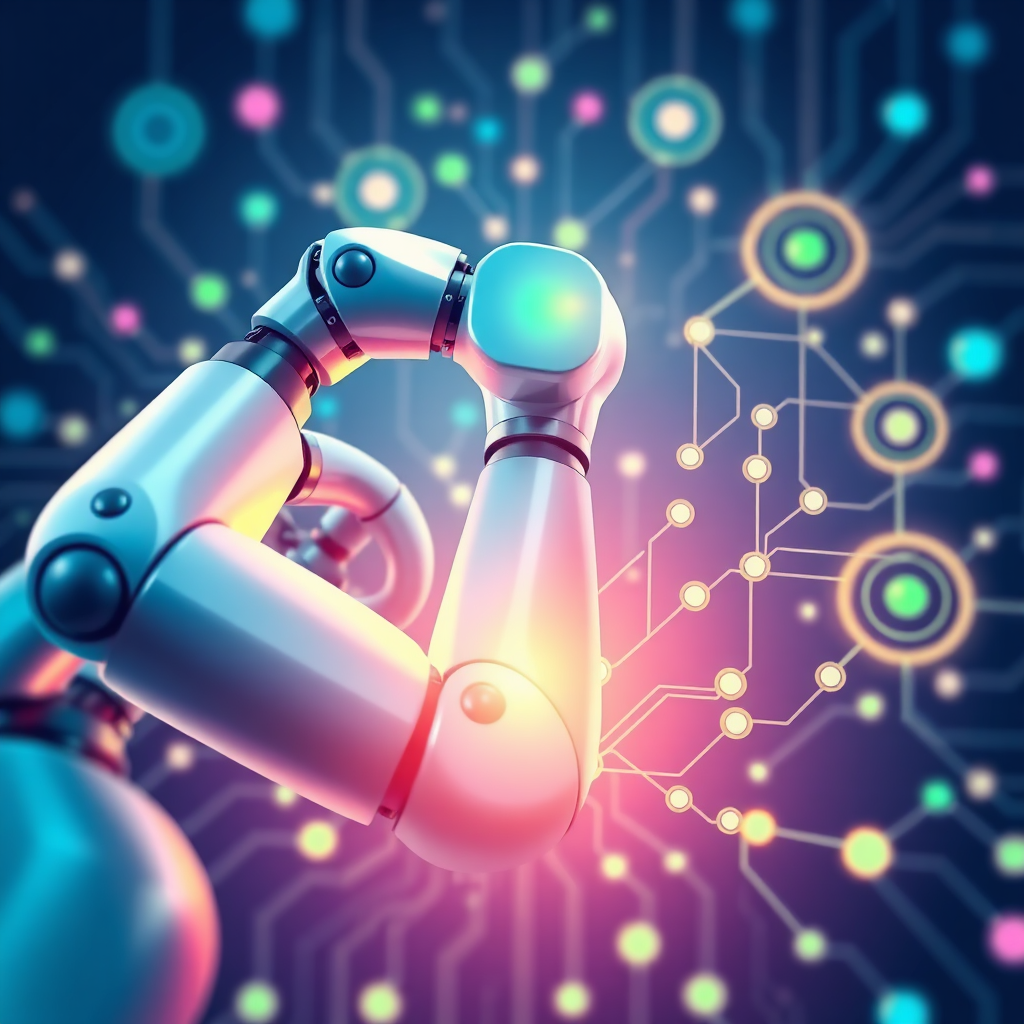 A stylized image representing Robotic Process Automation (RPA). The composition features a robotic arm seamlessly integrating into a digital workflow, represented by interconnected nodes and circuits. The color palette is a vibrant mix of blues, greens, and purples, creating a futuristic and dynamic feel. Soft, diffused lighting highlights the interconnectedness of the elements. The camera angle is slightly elevated, showcasing the complexity and scale of the RPA system. Texture details should include smooth, polished surfaces and subtle glowing effects.
