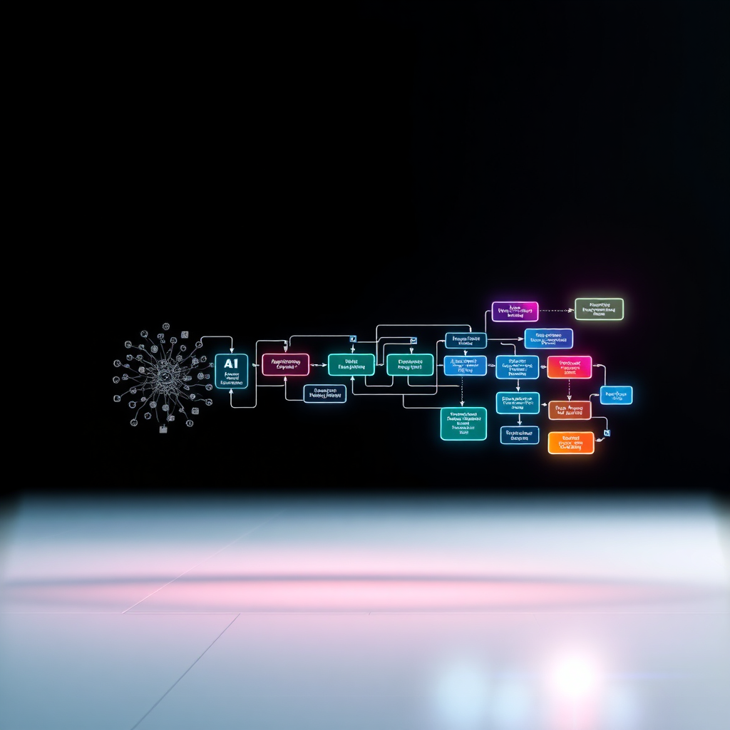 A stylized image representing the concept of process optimization. The composition features a complex workflow diagram transforming into a streamlined, efficient path with the help of AI. The color palette is a progression from dark, chaotic colors to bright, organized colors, symbolizing the transition from inefficiency to optimization. Soft, diffused lighting highlights the clarity and efficiency of the optimized workflow. The camera angle is slightly elevated, showcasing the transformation process. Texture details should include smooth, polished surfaces and subtle glowing effects. The environment is a clean, abstract space, emphasizing the technological aspect. Style reference: Abstract futuristic artwork. Technical specs: 4K resolution, high quality rendering, depth of field.