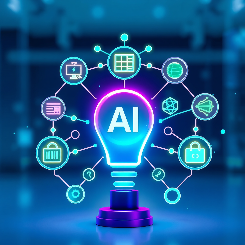 A stylized image representing the power and versatility of smart AI tools. The composition features a variety of interconnected icons and symbols representing different AI applications, such as data analysis, content creation, and project management. The color palette is a vibrant mix of blues, greens, and purples, creating a futuristic and dynamic feel. Soft, diffused lighting highlights the interconnectedness of the elements. The camera angle is slightly elevated, showcasing the versatility and scale of the AI-powered system. Texture details should include smooth, polished surfaces and subtle glowing effects. The environment is a clean, abstract space, emphasizing the technological aspect. Style reference: Abstract futuristic artwork. Technical specs: 4K resolution, high quality rendering, depth of field.