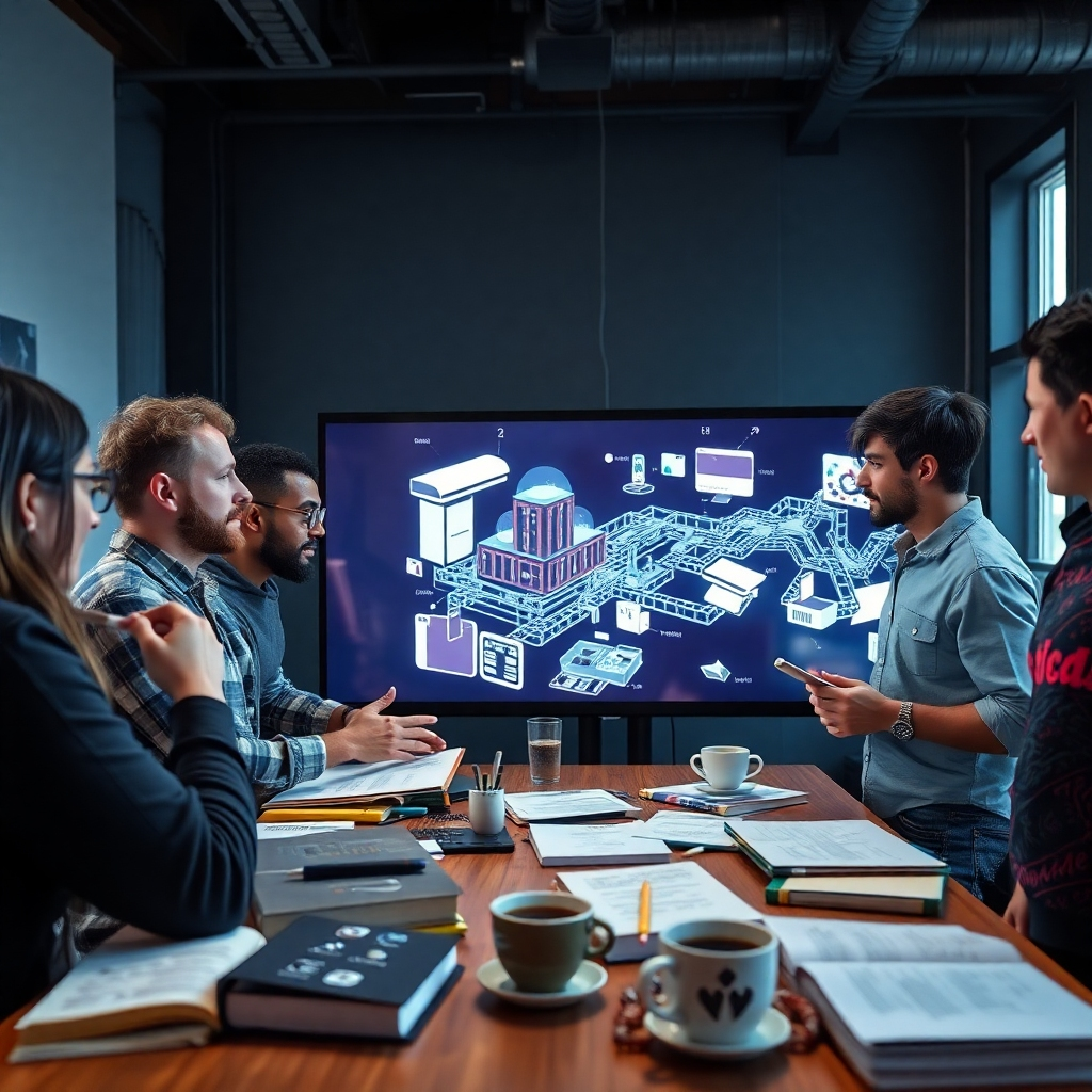 A dynamic scene of creators gathered around a large digital screen displaying an AI-enhanced project. The atmosphere is collaborative, with individuals of different backgrounds discussing ideas passionately, mixing digital tools and traditional sketching pads. Books and coffee cups are scattered, symbolizing creativity.