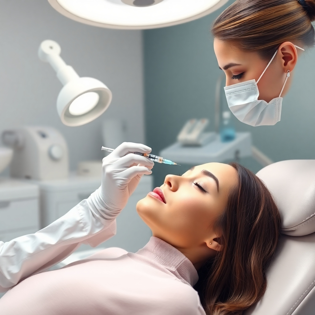 A photorealistic image illustrating a Botox treatment session in progress. The frame shows a skilled practitioner carefully administering Botox with precision to a client in a comforting medical chair. The environment is clean and well-lit, with medical supplies visible in the background. The color palette is soothing with whites and pastels. Textures like the skin of the client and the smooth finish of medical tools should be evident. Style references could be clinical yet warm. Technical specifications are 4K quality.