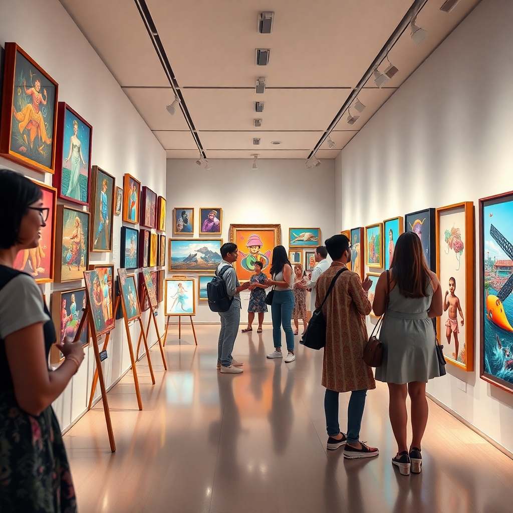 A vibrant gallery space filled with a diverse range of artwork and digital displays showcasing AI-generated images, illustrations, and designs. Creators, both in traditional attire and modern tech-wear, engage with the art. Soft lighting enhances the colorful pieces, and visitors express amazement.
