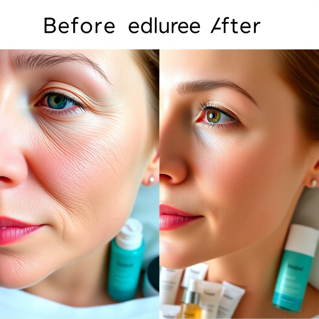 A vibrant image showing before and after results of wrinkle reduction treatments. The left side displays the cheek area with visible wrinkles and the right side shows a smooth, youthful finish. The lighting should highlight the difference clearly and should be well-distributed. Props such as skincare products and consultation materials can enhance the setting. Style references might lean towards beauty and transformation. Technical specs: 4K resolution, high quality.