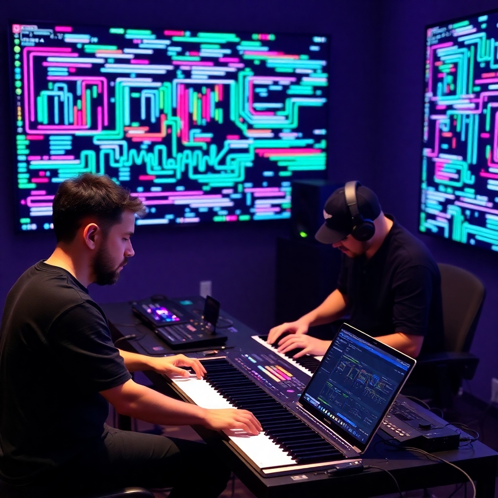 A modern artist in a vibrant studio, creating a large canvas while interacting with a holographic AI assistant. The canvas displays a colorful abstract artwork emerging in real-time, showcasing a fusion of digital and traditional art techniques, with brushes and digital tablets scattered around.