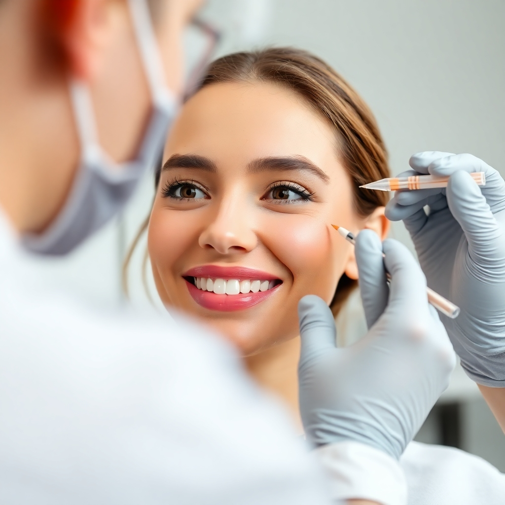 An engaging image that highlights a medical professional applying dermal fillers. The subject should be a smiling client looking in a mirror, admiring their enhanced features. The background is softly blurred to emphasize the client's expression. The lighting is bright but soft, capturing the happy and confident mood. Color themes of light skin tones with natural flush create a harmonious look. Technical specs: 4K resolution, high quality.