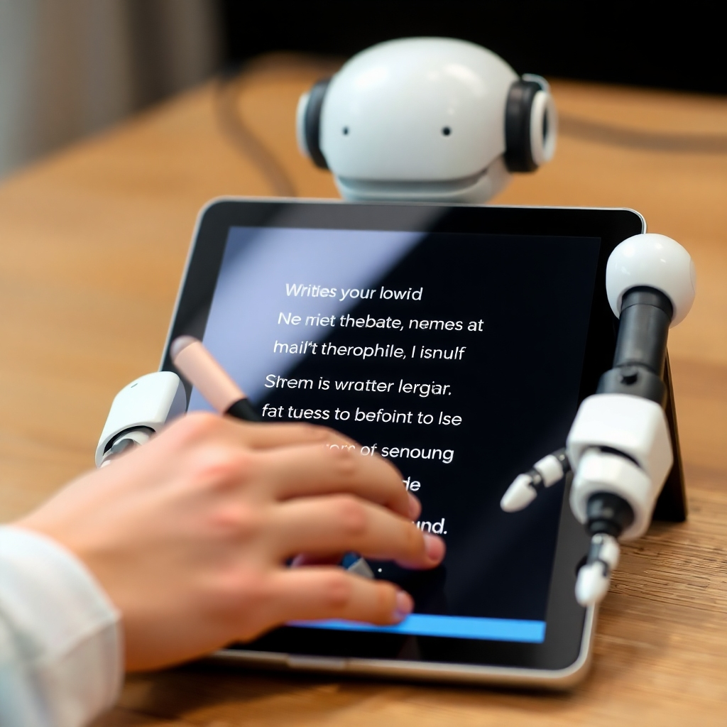 A writer at a desk, surrounded by books and a laptop, engaged in brainstorming with an AI assistant. The laptop screen displays a generated story outline. Soft, warm lighting enhances the creative atmosphere, with papers scattered around illustrating ideas in colorful sketches.