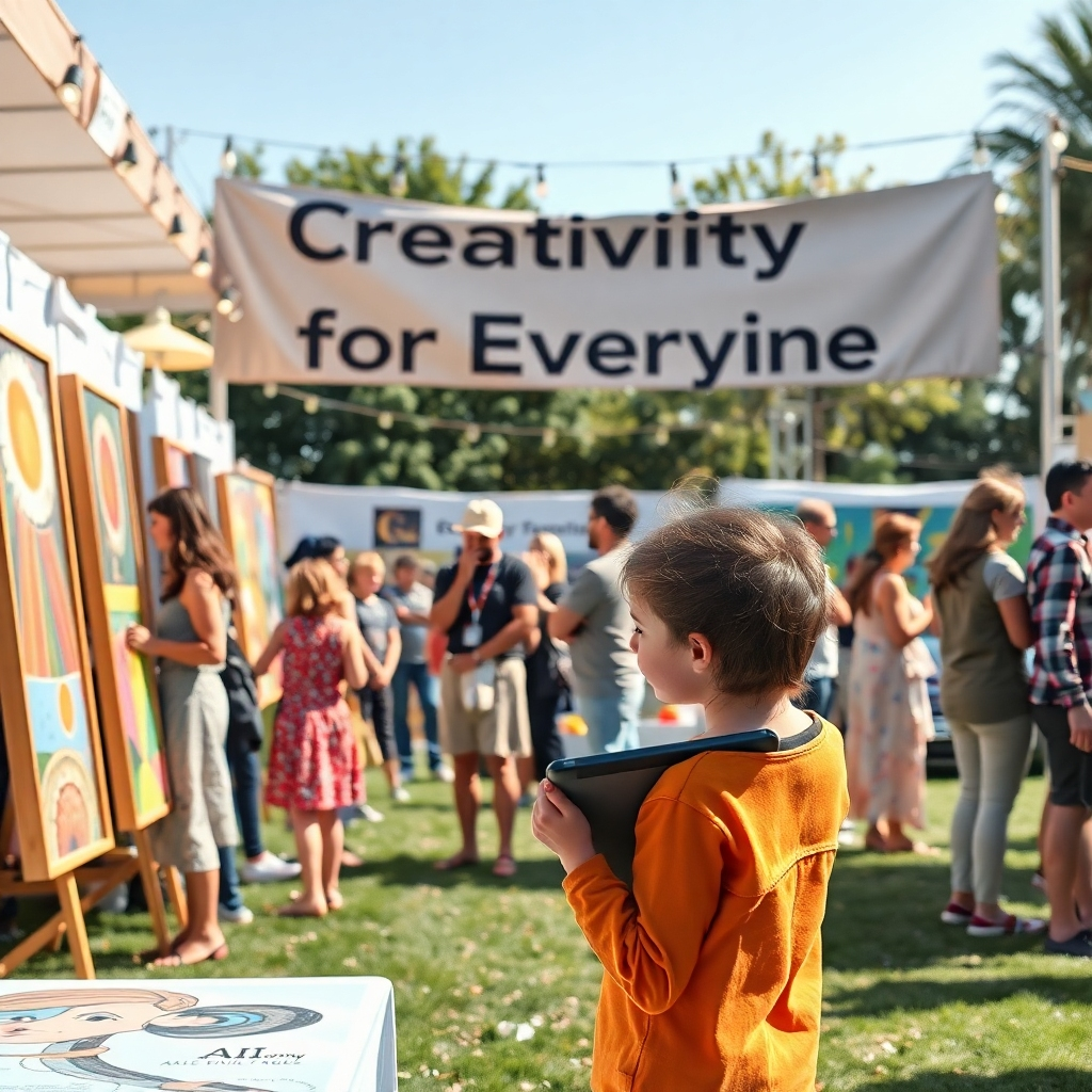 An outdoor festival setting where people of all ages and backgrounds are presenting their AI-enhanced artworks. A large banner reads 'Creativity for Everyone' as families and friends admire the art. A child interacts with an AI tool on a tablet, illustrating the accessibility theme.