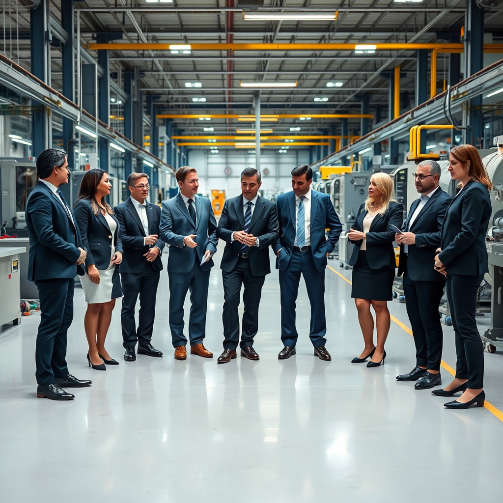 Professional team visiting a factory floor