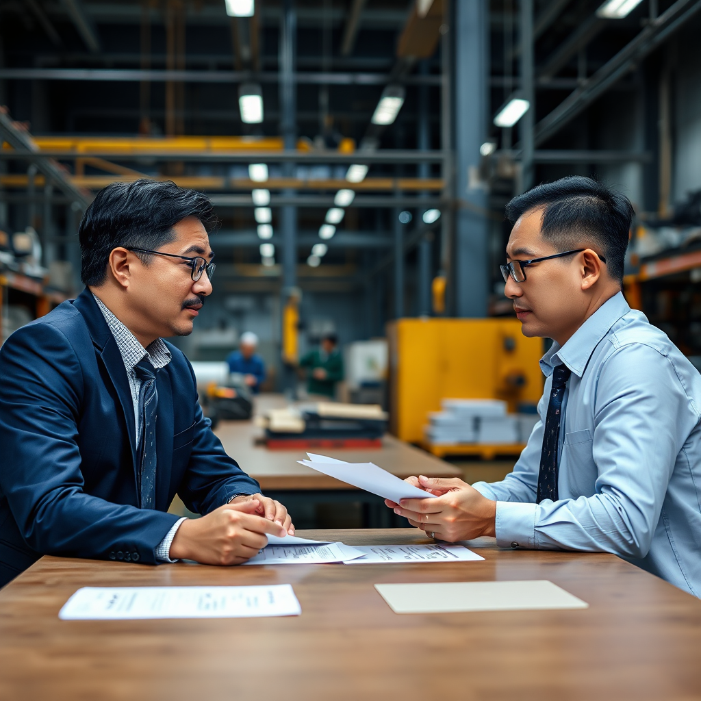 Professionals negotiating at a factory