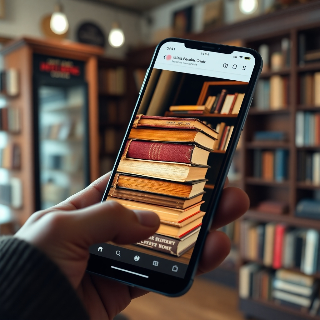 A hyperrealistic image, in 8K resolution, of a phone displaying a captivating social media ad for a fictional local bookstore. The ad features a striking image of a stack of books, with soft lighting highlighting their aged covers and rich colors. The color palette is warm and inviting, with muted golds, deep reds, and soft browns, complementing the bookstore's vintage aesthetic. The phone is angled to show the ad prominently, set against a slightly blurred background of a cozy, well-lit bookstore interior.  The overall lighting is soft and diffused, evoking a sense of calm and intellectual curiosity. The image displays the ad copy, highlighting a special promotion or event. The style is inspired by the work of Steve McCurry, characterized by its vivid colors, deep focus, and emotional depth.  The image emphasizes the texture of the book covers, the wood of the shelves, and the subtle details of the bookstore environment. The camera perspective is that of a person holding the phone, subtly showing their hand resting on the device, adding a relatable human element. The scene should convey a feeling of comfort, discovery, and community.