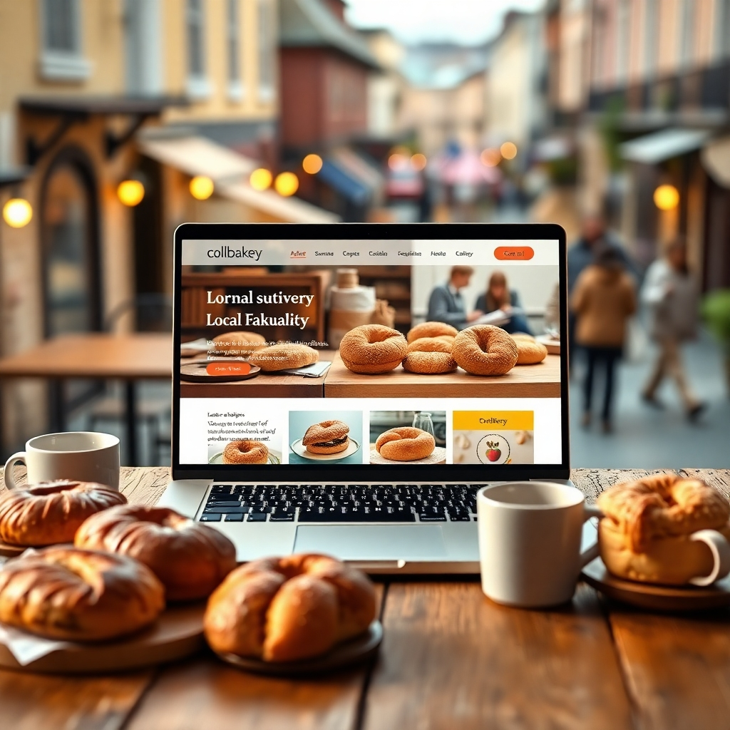 A photorealistic 8K image depicting a modern, responsive website design for a fictional local bakery. The website showcases high-quality images of pastries, customer testimonials, and an online ordering system. Soft, warm lighting illuminates the scene, creating a cozy and inviting atmosphere. The color palette consists of warm browns, creamy yellows, and soft reds, reflecting the bakery's theme. The camera angle is a slightly elevated perspective, providing a clear view of the website on a sleek laptop screen. The laptop rests on a rustic wooden table, surrounded by freshly baked pastries and coffee cups, adding texture and context. The overall style emulates the work of Annie Leibovitz, emphasizing natural lighting and authentic details. The image is ultra-detailed, highlighting the textures of the wood, pastries, and the subtle reflections on the laptop screen. The background is a softly blurred image of a bustling town square, hinting at the bakery's local presence.  The image should evoke a sense of warmth, trust, and deliciousness, emphasizing the quality of the bakery and its online presence.