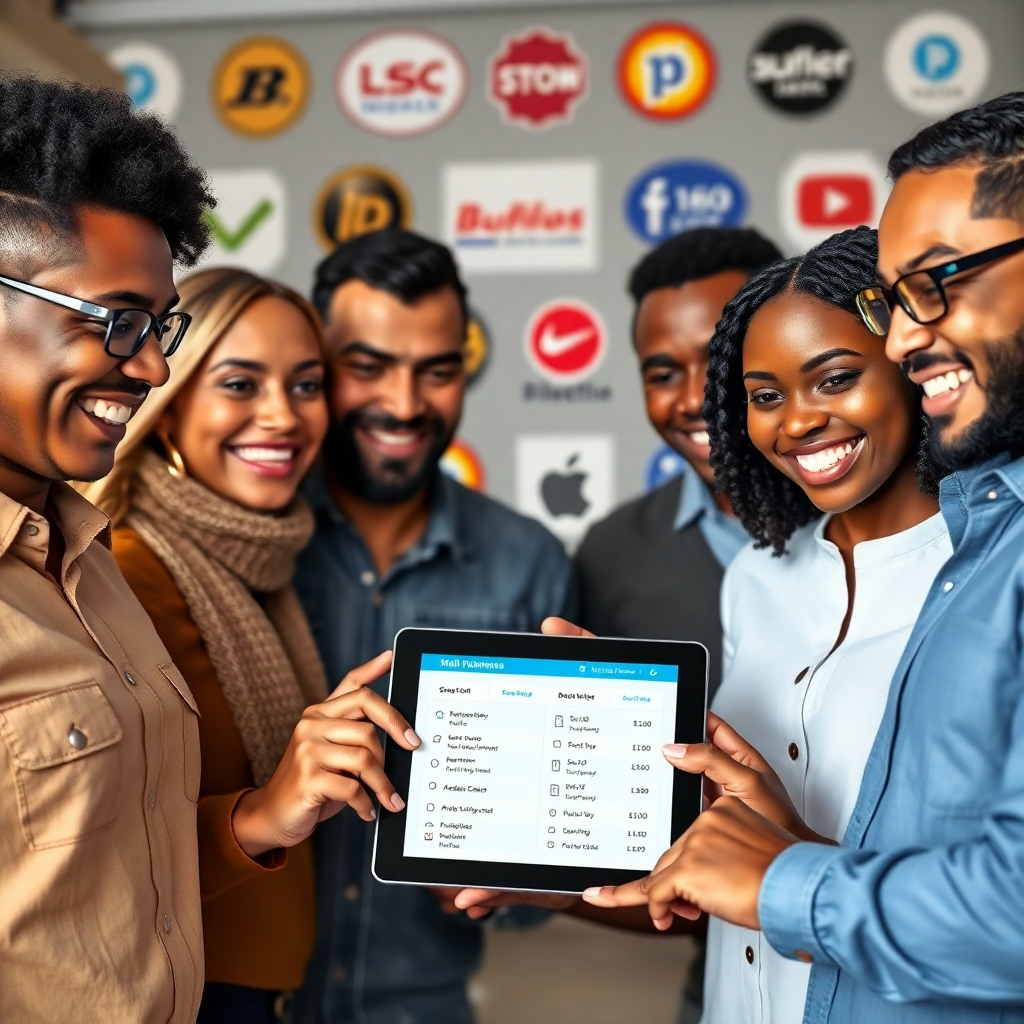 A photorealistic image depicting a friendly, diverse group of small business owners smiling confidently while looking at a tablet displaying various pricing options and advertising package details.  The background should feature the logos of some of the businesses and the website logo subtly incorporated into the scene. The overall mood should be positive, optimistic and financially empowering.