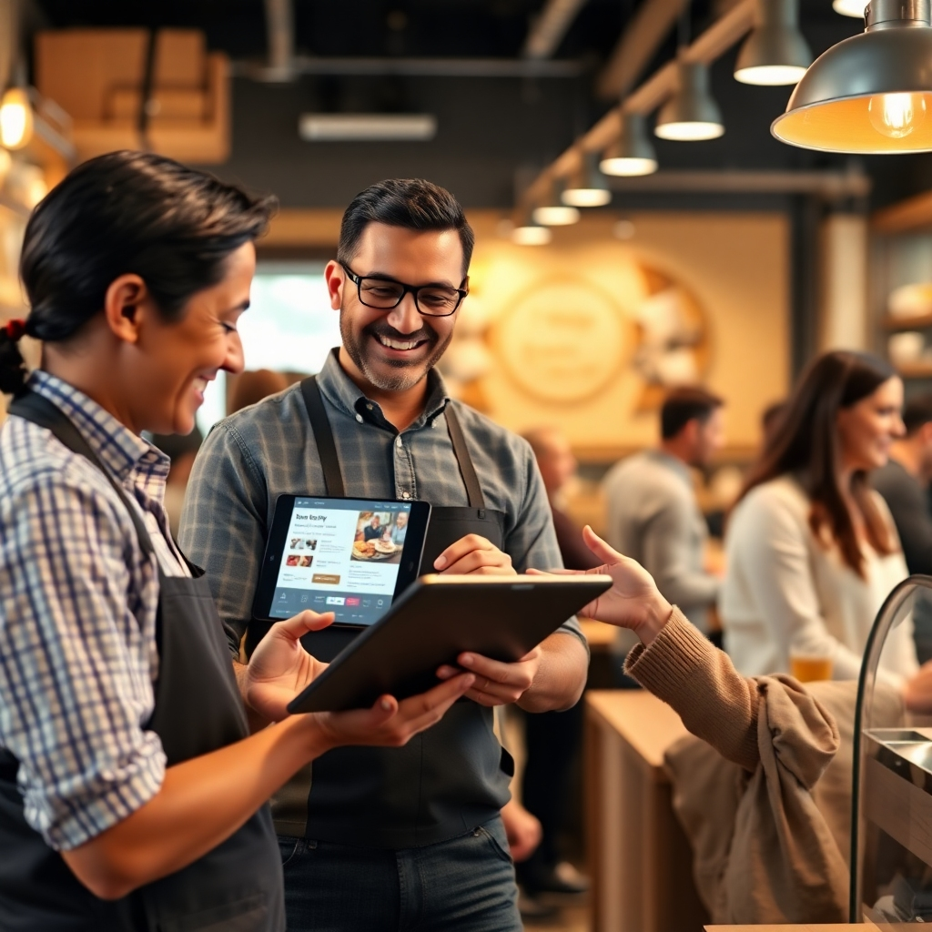 A photorealistic image depicting a friendly interaction between a business owner and a customer. The customer is looking at a tablet displaying an engaging advertisement for the business, maybe a local bakery or cafe. The background should be a warm and inviting interior of the store, with other customers in the background, creating a sense of community.