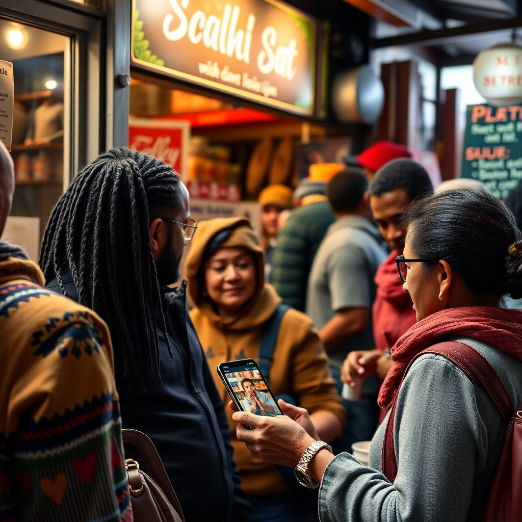 A photorealistic image depicting diverse people of different ages and backgrounds interacting with a small business.  One person is looking at their phone which shows an advertisement for the business. The scene is set in a lively, local community atmosphere. The overall aesthetic should be vibrant and inclusive.