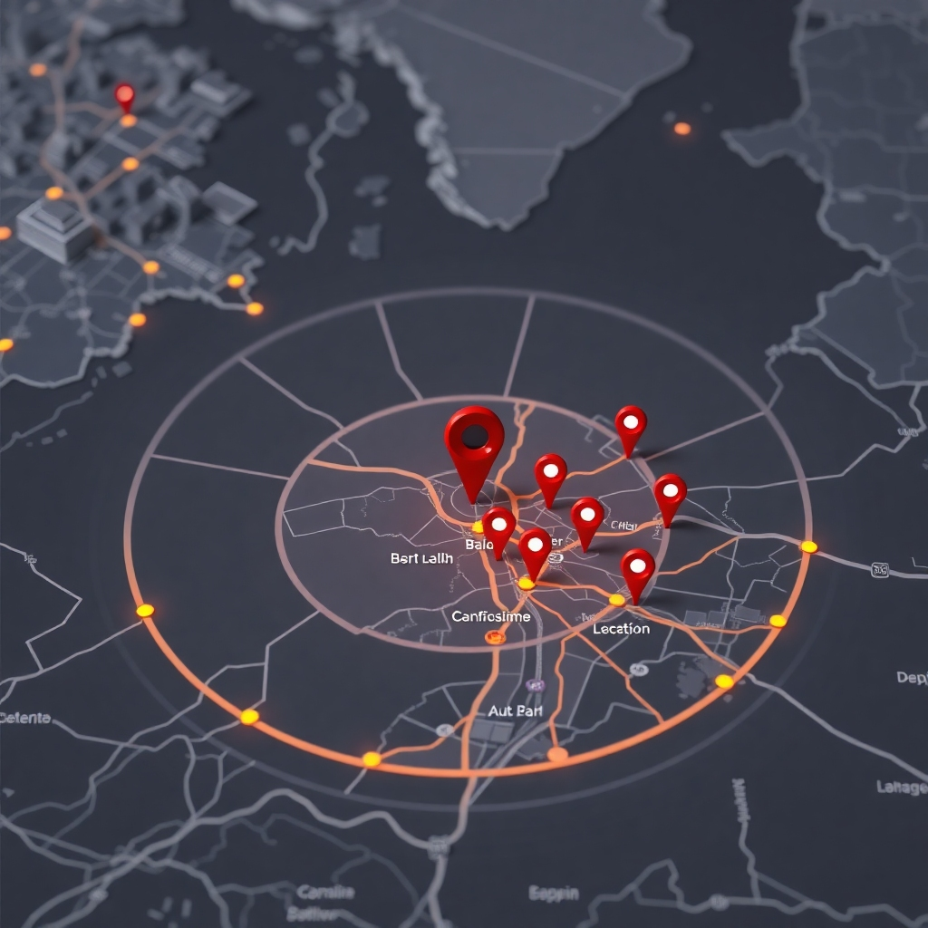 A photorealistic image of a map with pins marking a business location and surrounding customer locations within a specific radius, overlaid with a digital advertising banner showcasing the business. The style should be clean and modern, with a focus on data visualization and showcasing the targeted reach.