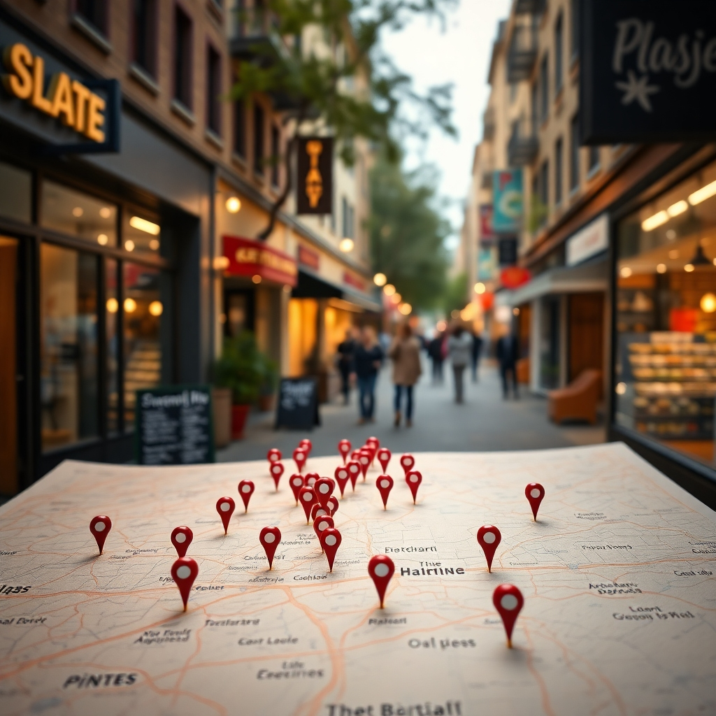 A photorealistic image of a map with pins marking various local businesses, with a highlighted area showing a concentrated cluster of pins representing a specific neighborhood.  The background should subtly showcase the street view of that neighborhood, with people walking around and shops visible. The overall style should be clean, modern, and emphasize the feeling of a tight-knit community.