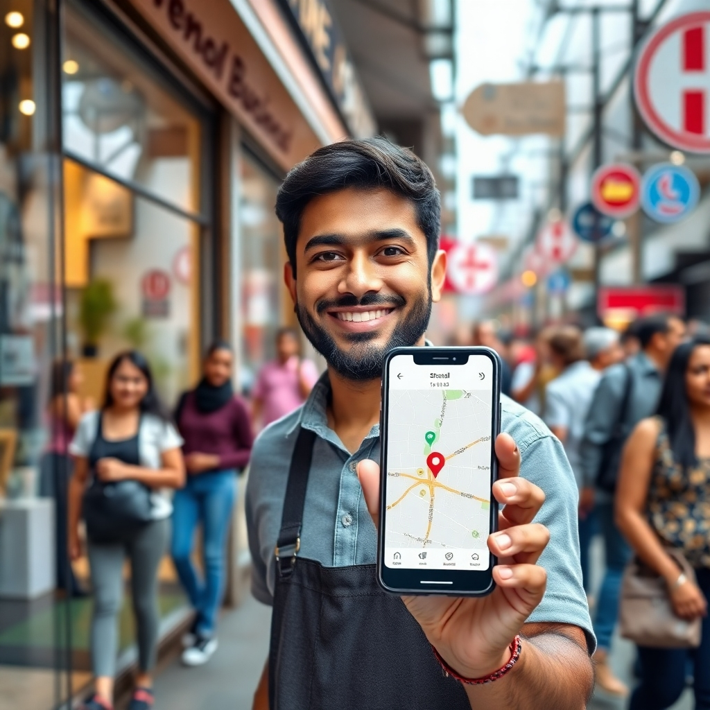 A photorealistic image of a smiling business owner standing in front of their shop, with a phone displaying a map highlighting a small radius around the shop, showing the targeted advertising area. The background should be a bustling street scene with diverse people walking by, showcasing a vibrant community. The overall mood should be positive and inviting.