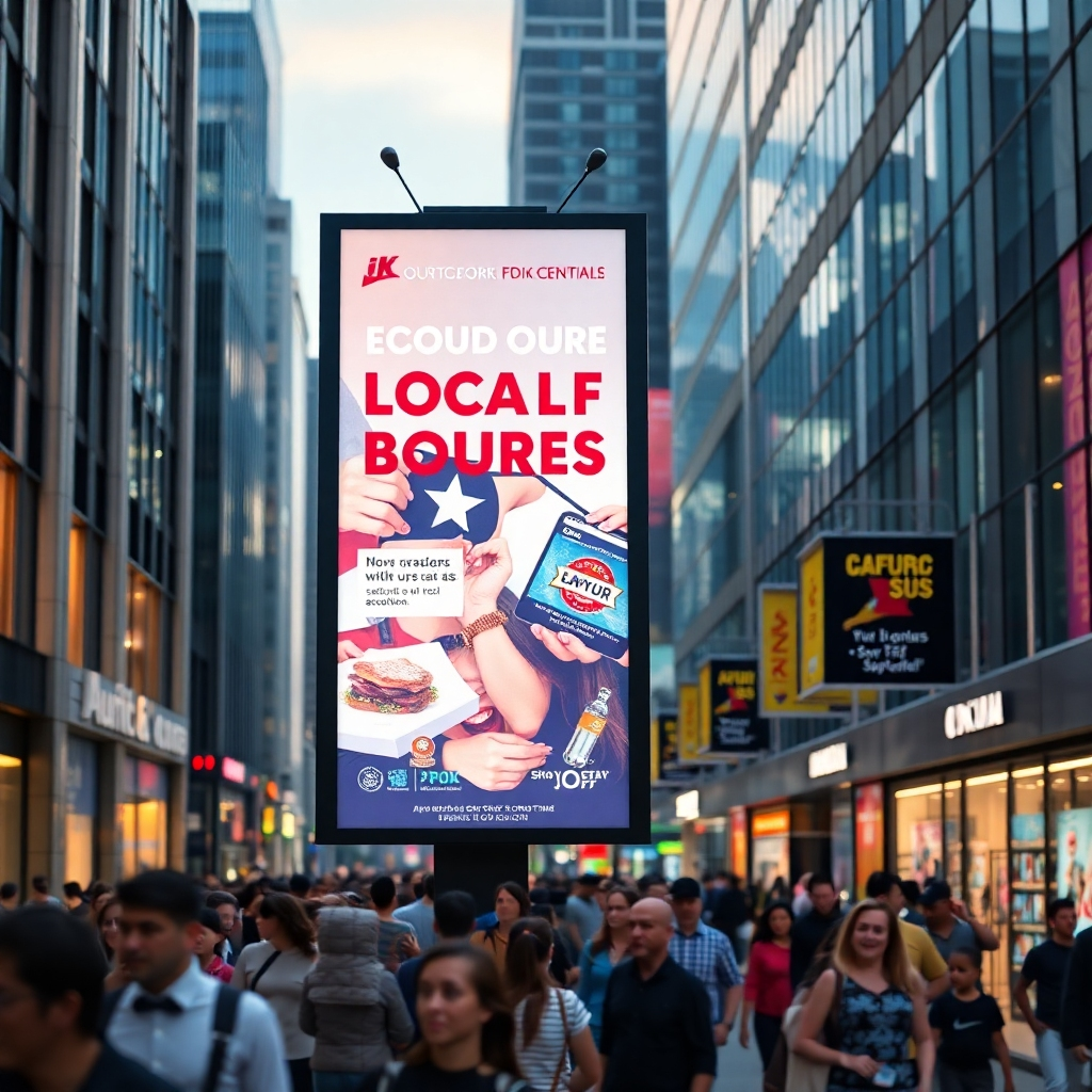 A photorealistic image of a vibrant, eye-catching advertisement for a local business displayed prominently on a digital billboard in a busy, well-lit city street. The advertisement should feature clear branding and a compelling visual. The background should include a diverse crowd of people passing by, and the overall scene should convey a sense of bustling city life.
