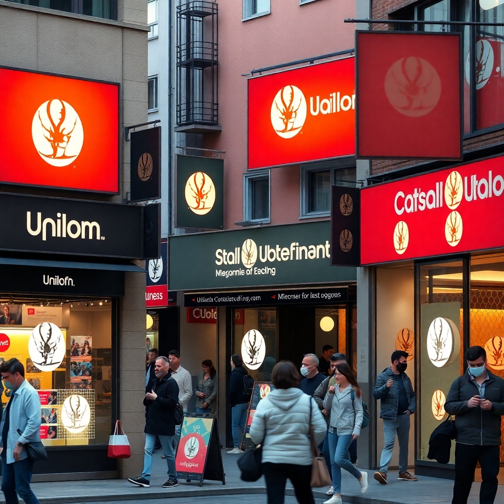 A photorealistic image showcasing a vibrant and busy street scene with multiple shopfronts prominently displaying the same business logo. The logo is subtly incorporated into the street scene through well-designed storefront signage, banners, and window displays.  People are actively interacting with the businesses, showcasing high engagement. The overall style should communicate visual consistency and strong brand recognition.