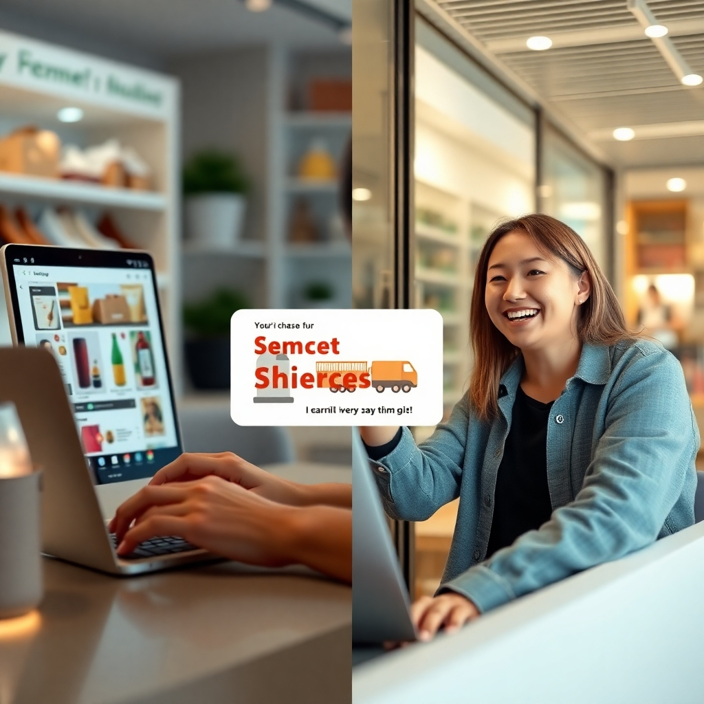 A photorealistic image split into two sections. One side shows a person browsing products online, with a highlighted ad for a local business subtly integrated into their shopping experience. The other side shows the same person happily interacting with the business in person, demonstrating a successful transition from online advertisement to offline interaction. The style should be clean and modern.