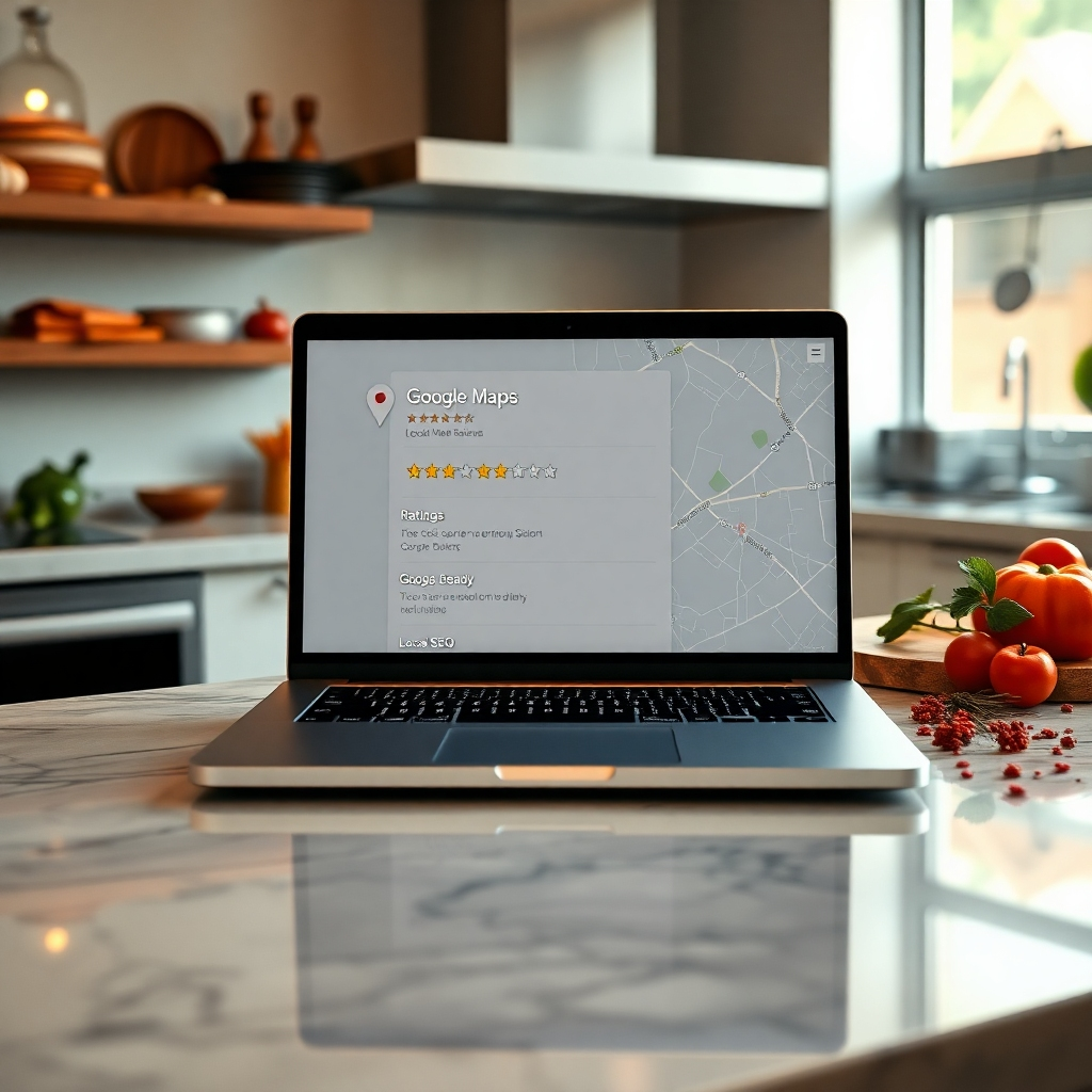 An ultra-high definition (8K) photorealistic image of a laptop displaying a Google Maps page showing high ratings and reviews for a fictional local Italian restaurant. The laptop is positioned on a marble countertop in a modern, well-lit kitchen setting, implying success and sophistication. Soft, natural lighting illuminates the scene. The color palette consists of warm and inviting earth tones, with pops of rich reds and greens that are reminiscent of Italian cuisine. The camera angle is slightly elevated, providing a clear view of the laptop screen. The background subtly shows various Italian-themed elements such as spices, herbs, and partially visible cooking equipment, all carefully placed for visual depth and storytelling. The overall style aims for a clean, modern aesthetic, similar to the work of renowned product photographers such as Peter Lindbergh. Textures are highly detailed, with the focus on the sleekness of the laptop, the smoothness of the marble, and the roughness of the spices.  The image conveys a feeling of trust, authority, and credibility, which is central to local SEO. The high number of positive reviews and the restaurant's location pin on Google Maps visually showcase the success of the local SEO optimization campaign.