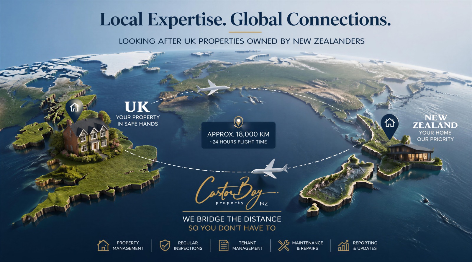 A photorealistic, ultra-high quality 8K resolution image representing Castor Bay Property Management. The scene depicts a split view: on the left, a sunny, green New Zealand landscape with rolling hills and grazing sheep, symbolizing the landlord's origin. On the right, a classic London street scene with Victorian architecture, a red double-decker bus, and subtle signs of modern city life, representing their London property. Connecting these two scenes is a translucent, shimmering bridge, symbolizing Castor Bay Property Management seamlessly connecting the two worlds. The lighting is warm and inviting, creating a sense of trust and reliability. Camera angle is slightly elevated, providing a panoramic view. Textures are highly detailed – the wool of the sheep, the brickwork of the buildings, the reflection on the bus windows. Style reference: emulate the clarity and detail of a Peter Lik landscape photograph but add a touch of modern architectural rendering to the London side. The image should evoke feelings of security, profitability, and expert management.