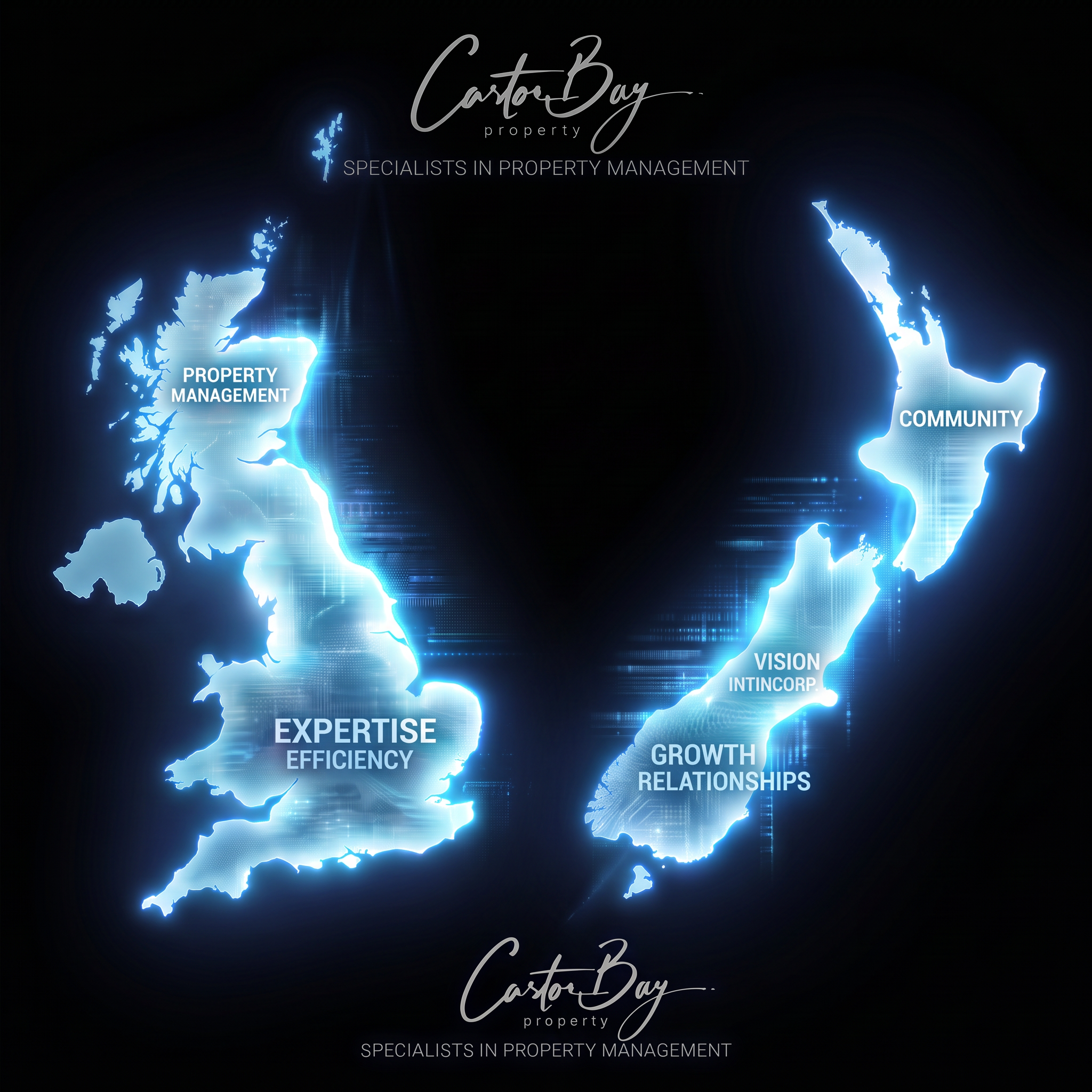 A 4K high-quality image that visually represents Castor Bay Property Management and its connection to New Zealand landlords investing in London properties. The scene shows a stylized map of the world, focusing on New Zealand and London. Connecting the two locations are stylized lines representing data flow, property management, and communication. Superimposed over the London area is a subtle outline of a classic London townhouse. Over New Zealand, there's a subtle kiwi bird icon. The overall color palette is professional and trustworthy, using blues, greens, and muted gold tones. The lighting is soft and even. The camera angle is a top-down view. Style reference: Infographic meets cartography. This image should project trust, connectivity, and expertise.