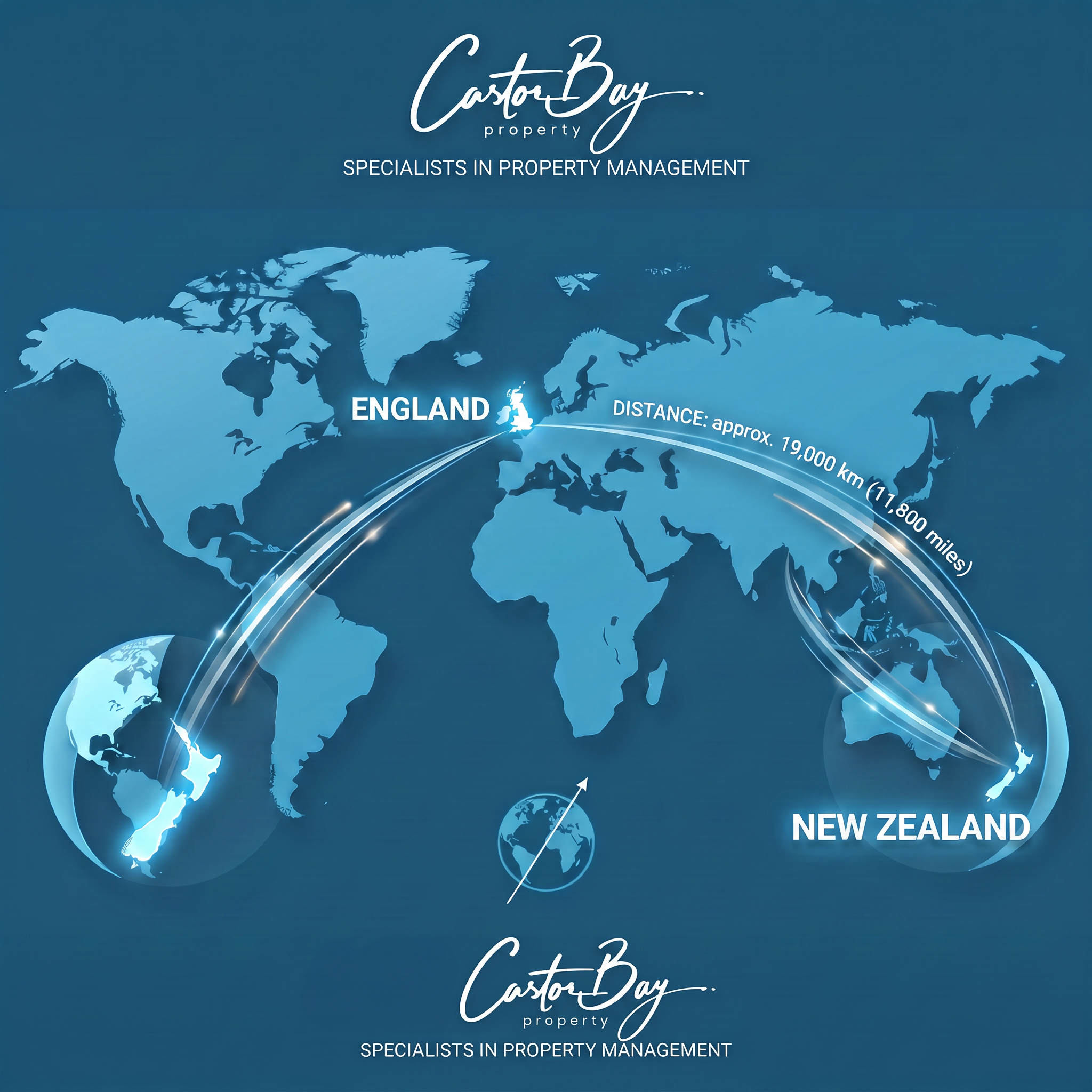 A stylized world map highlighting New Zealand and London, connected by a clear, digital bridge. The map is rendered in a modern, minimalist style with a cool color palette of blues and greens. The lighting is soft and even, emphasizing the connection between the two locations. The camera angle is top-down, giving a global perspective. Style reference: Modern infographic design.