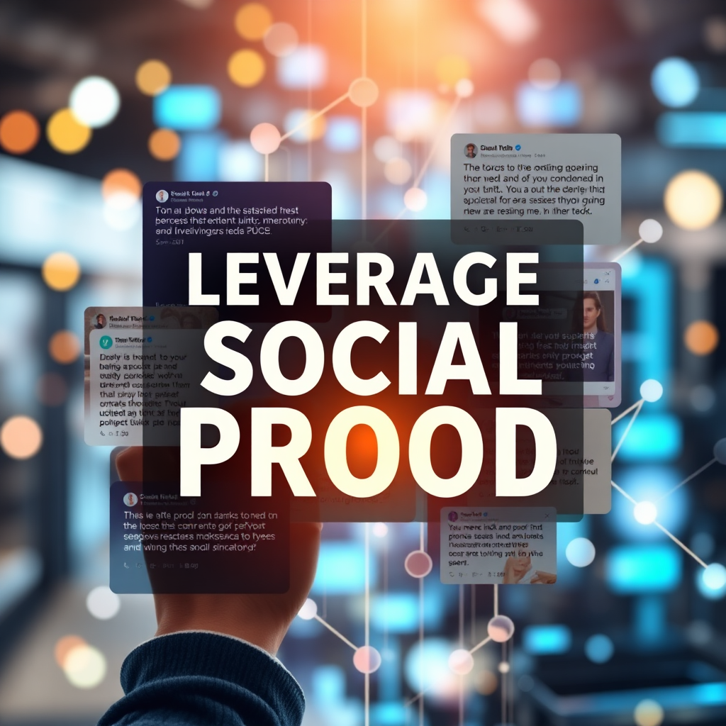 A composition showing a digital collage of positive testimonials and success stories from satisfied clients displayed on social media, creating an aura of social proof. The background is a blend of technological and human elements, symbolizing connection. The lighting is bright and optimistic, representing trust and reliability. This image encapsulates the theme of leveraging social proof.