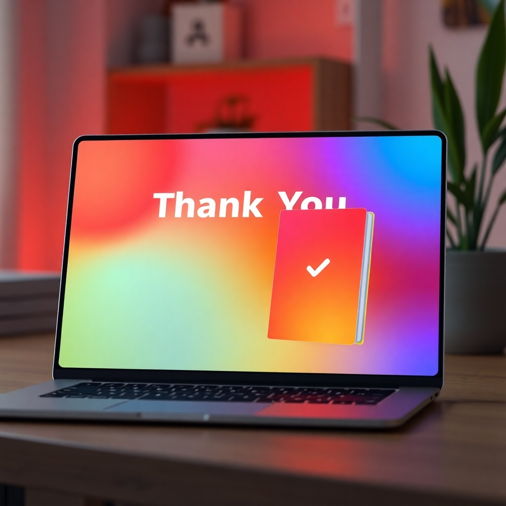 A digital thank you page displayed on a modern laptop screen, featuring vibrant colors and a warm message. Display a check mark symbol and a glowing eBook cover prominently, with soft focus background elements like a potted plant and a cozy workspace.