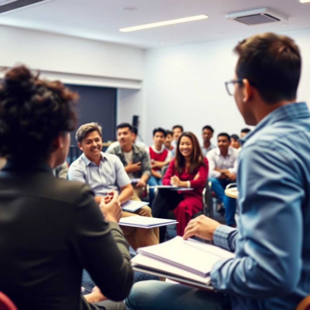 A dynamic image of a workshop in session, with an enthusiastic speaker engaging the audience. The environment is bright and energetic, filled with participants taking notes and interacting. The color scheme is vibrant to evoke enthusiasm and collaboration.