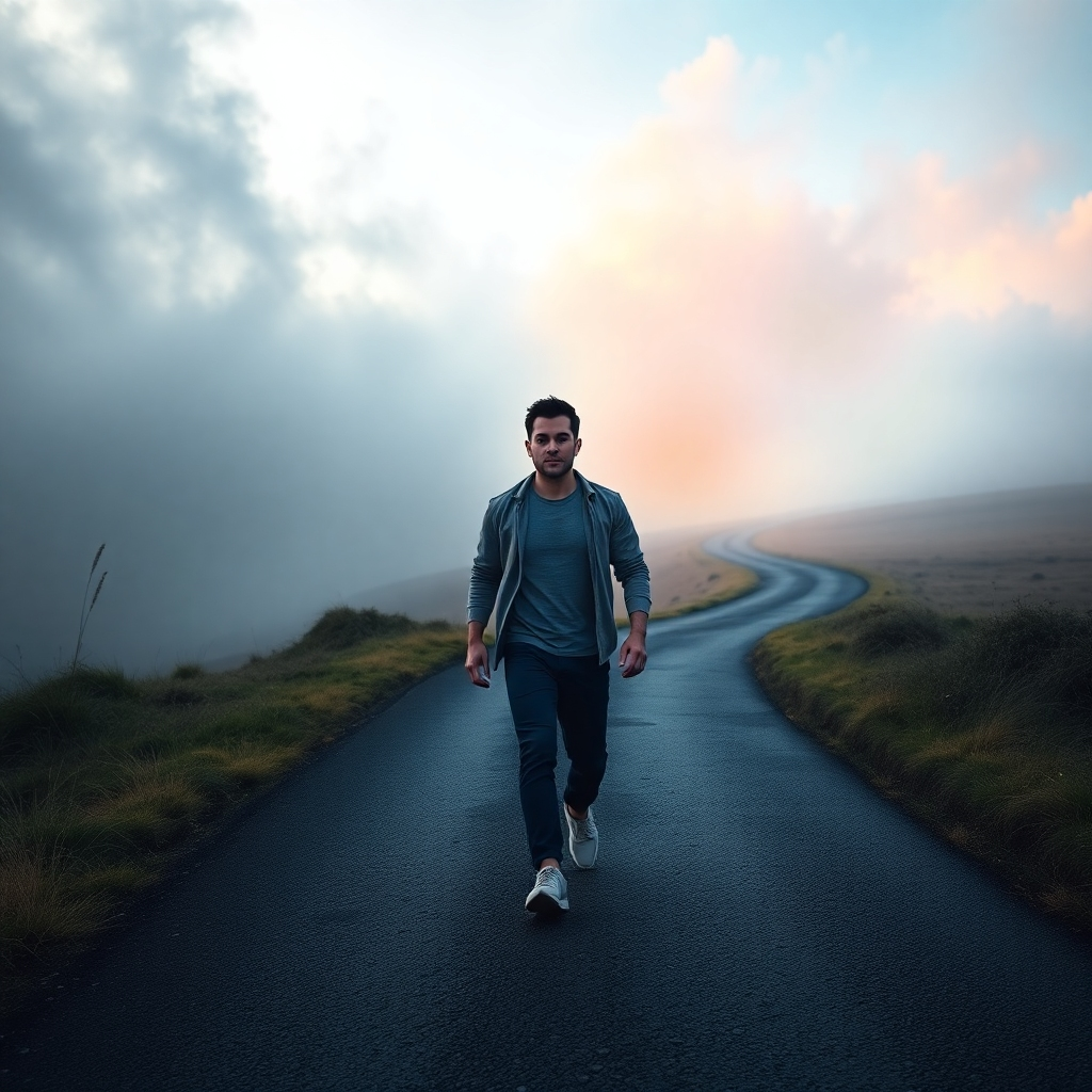 A dynamic scene of a person walking down a path that splits into two directions: one side is a dark, foggy area and the other is bright and colorful. The person, portrayed in mid-stride, reflects a determined expression, symbolizing the choice to embrace change and explore new paths.