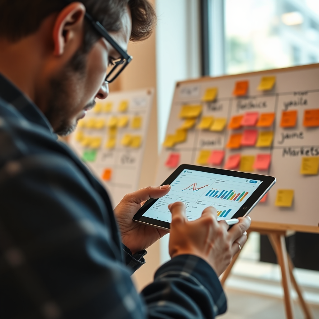 A focused image of a person reviewing feedback and metrics on a tablet, surrounded by sticky notes and a visualization board. The environment is contemporary, with a mixture of natural and artificial lighting providing clarity. The color palette features earthy tones, symbolizing stability and growth. This image will encapsulate the iterative process of refining marketing strategies.