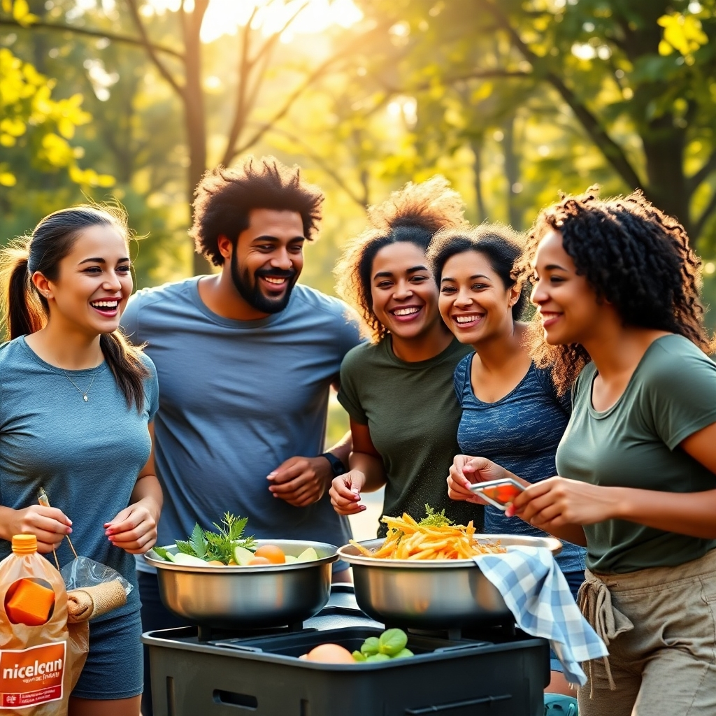 A group of diverse friends outdoors, smiling and cheering each other on while participating in various activities like jogging and cooking healthy meals. A backdrop of trees and sunlight emphasizes the importance of community in building positive habits.