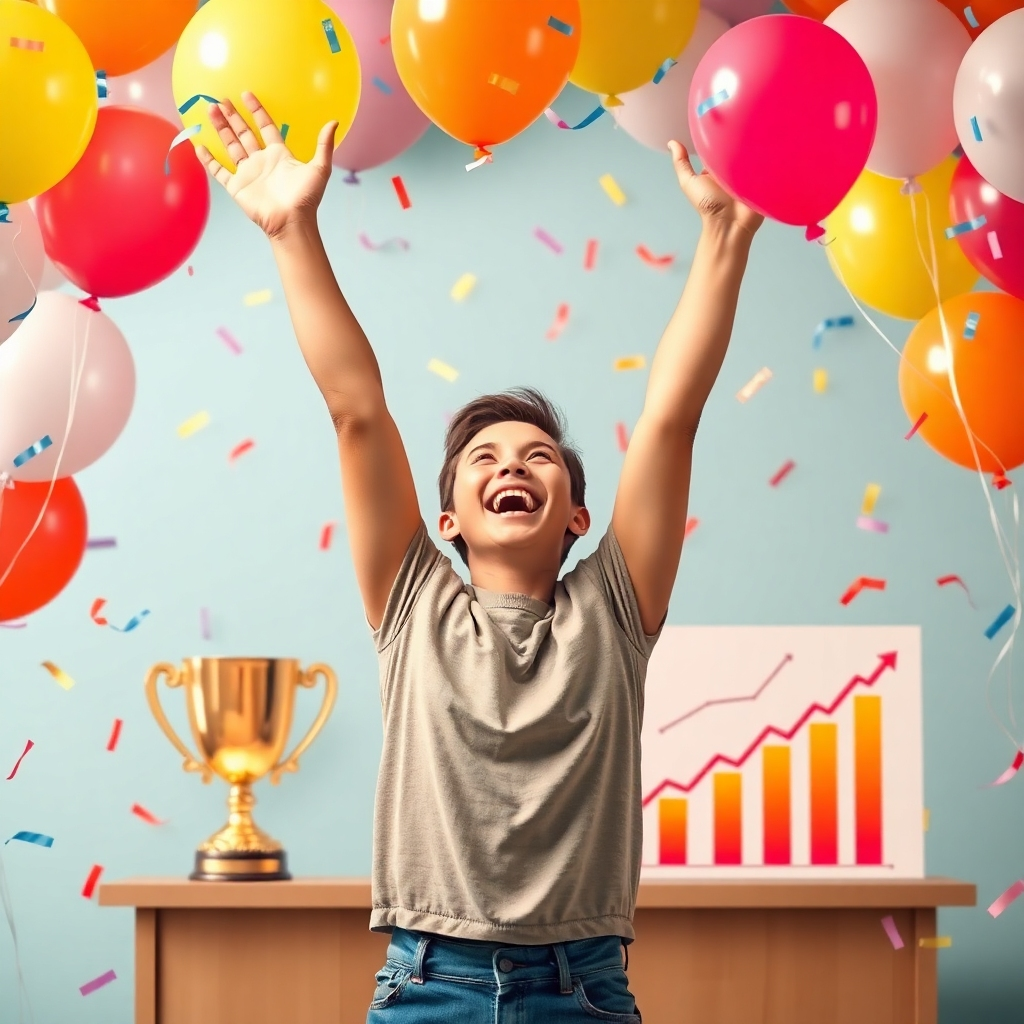 A joyful person celebrating with arms raised in the air, surrounded by balloons and confetti. The setting is cheerful and vibrant, with a trophy and a progress chart showcasing milestones achieved, representing accomplishment and happiness.