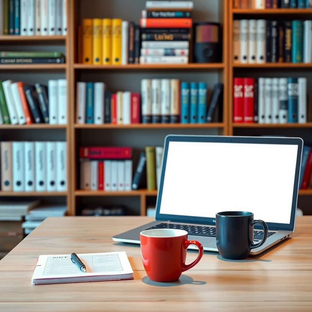 A modern workspace with a desk featuring an open laptop, notepad, and a coffee cup. The background includes bookshelves filled with self-improvement books, showcasing an organized and motivating atmosphere, illustrating a professional setting dedicated to learning.