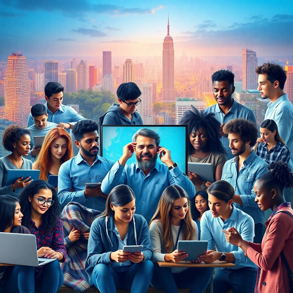 A montage of diverse individuals engaged in various learning activities like online courses, brainstorming sessions, and hands-on workshops. The backdrop features a vibrant cityscape, symbolizing growth and endless possibilities.