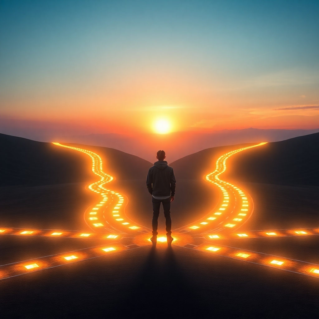 A person standing at a metaphorical crossroads surrounded by glowing paths, symbolizing choices and potential. The scene is set outdoors with a sunrise in the background, adding a sense of hope and new beginnings.