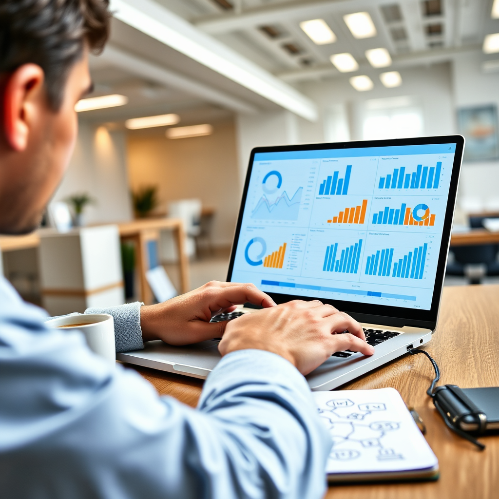A photorealistic image depicting a person analyzing data on a laptop with charts and graphs displayed on the screen, symbolizing the analytical process behind crafting lead magnets. The setting is a modern office with a clean, organized layout. The lighting is bright and focused on the screen, highlighting its content. The color scheme includes cool blues and whites, conveying professionalism and clarity. Props include a cup of coffee and a notebook with ideas sketched out. This image represents the theme of understanding the mechanics of a lead magnet.