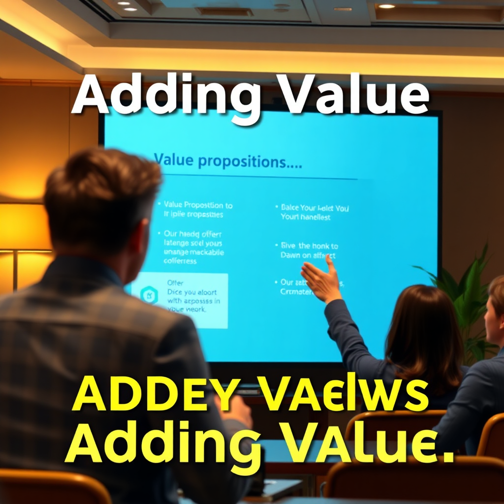 A photorealistic scene showing a person delivering a presentation about value propositions with visual aids highlighting offers. The environment is professional yet inviting, with a warm lighting scheme that instills trust. The color palette is rich, focusing on blues and greens. This image symbolizes the importance of adding value.