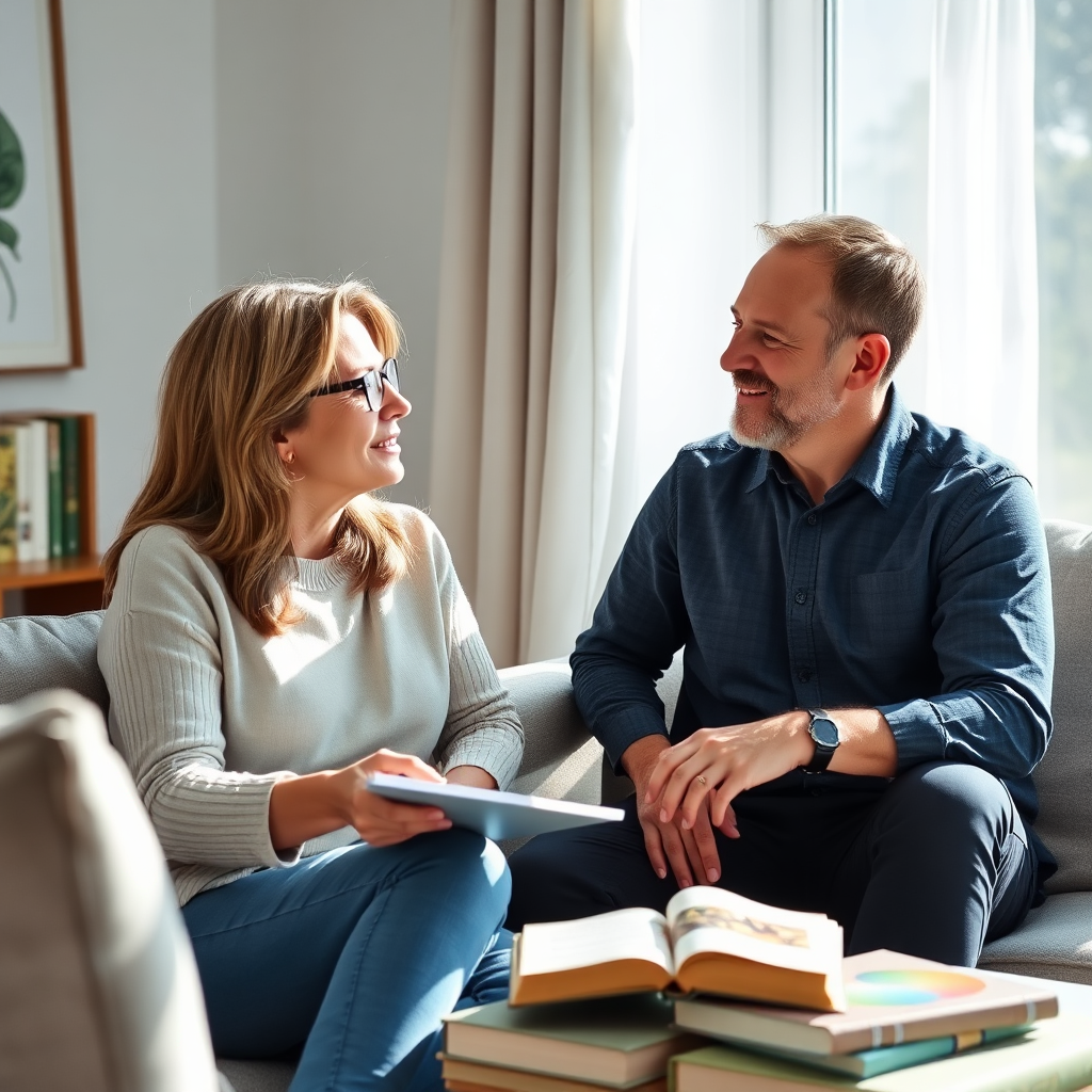 A serene image of a coach and client engaged in a thoughtful conversation in a tranquil setting. Natural light floods the room, highlighting their expressions. The color palette includes calming blues and greens. Props like a notebook and inspiring books enhance the coaching theme.