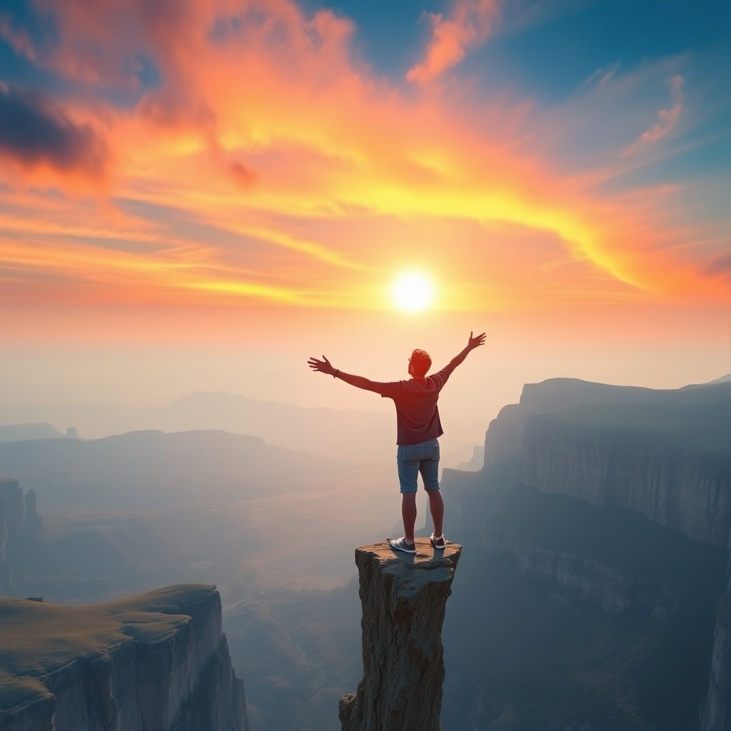 A serene landscape featuring a person standing at the edge of a cliff, arms outstretched towards the horizon. The sky is vibrant with a sunrise, symbolizing new beginnings and possibilities. The person is dressed in casual but inspiring attire, embodying confidence and hope.