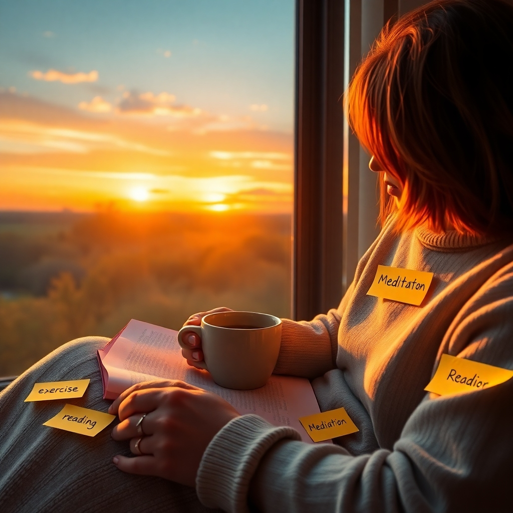A serene morning scene depicting a person enjoying a peaceful sunrise while journaling with a cup of coffee, surrounded by post-it notes illustrating positive habits like 'exercise', 'reading', and 'meditation', creating a warm and inspiring atmosphere.