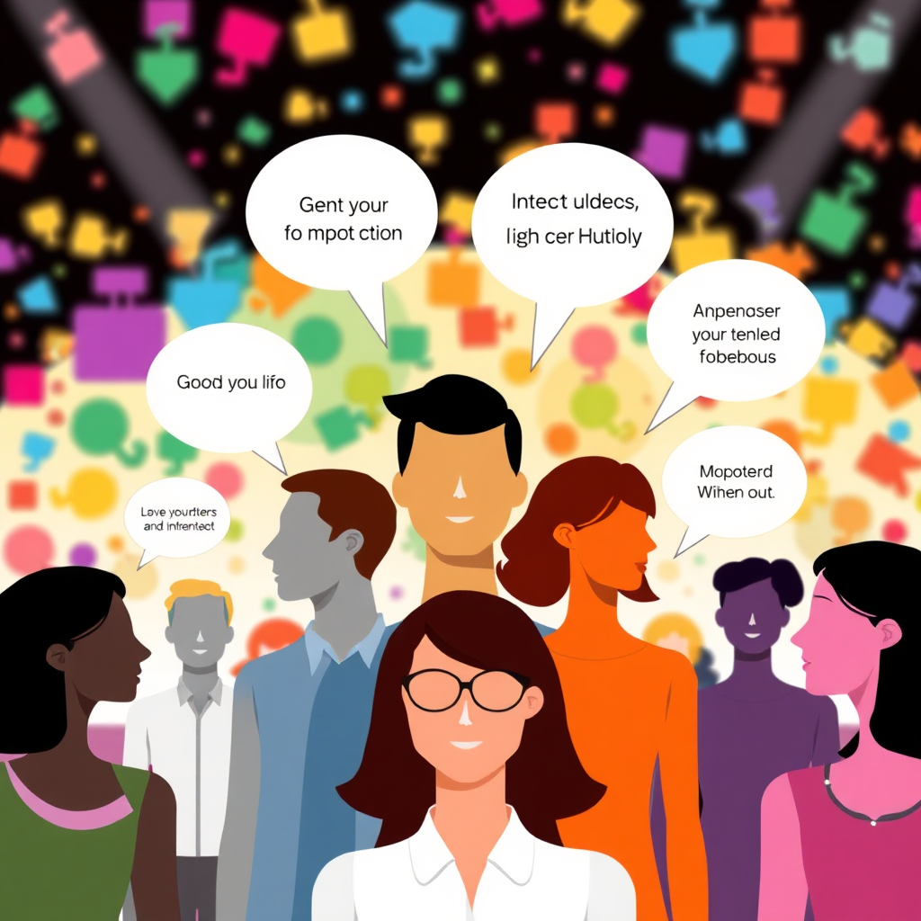 A stylized image of a group of people representing diverse target audiences, with thought bubbles around them illustrating their interests and needs. The background is lively and engaging, filled with vibrant colors that symbolize various demographics. The lighting is bright, creating an inviting atmosphere. This image captures the essence of audience identification.