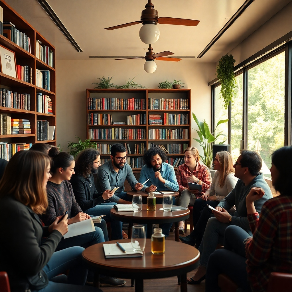 A vibrant gathering of diverse people in a cozy café, animatedly discussing ideas, some taking notes, and others engaging in friendly conversation. Background elements should include bookshelves filled with motivational literature and a sunny outdoor view.