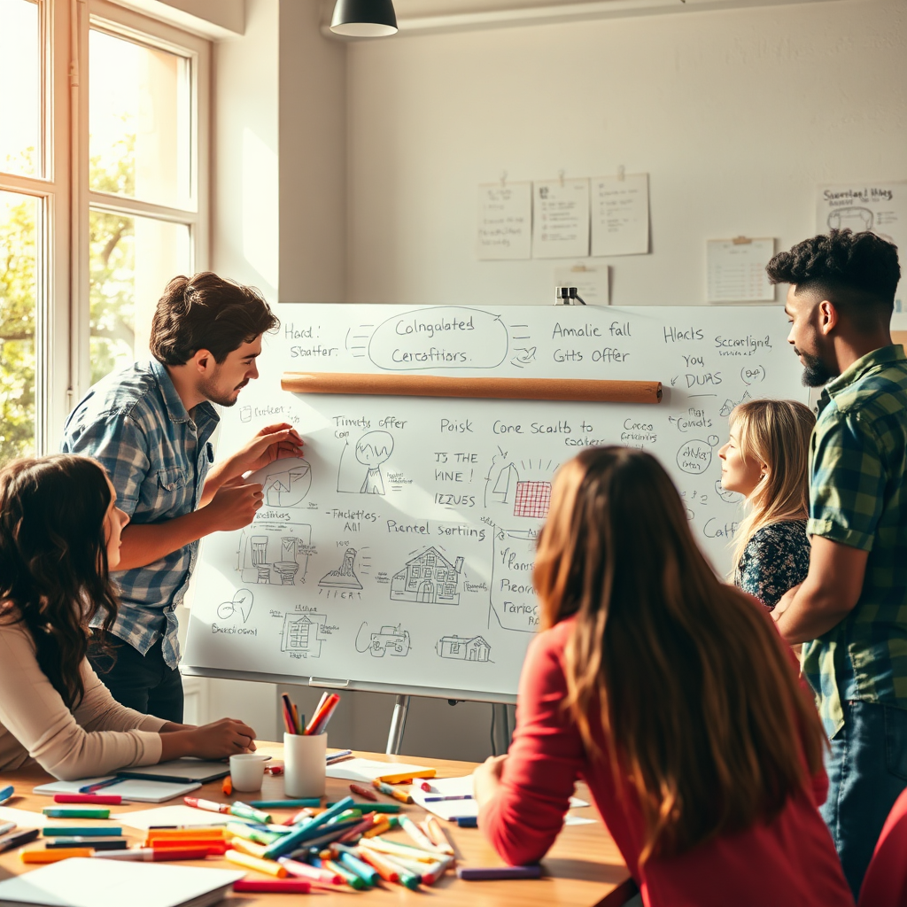 A vibrant image showing a brainstorming session, where a diverse group of creative individuals collaborates around a whiteboard filled with ideas and sketches. The atmosphere is dynamic and full of energy, with colorful markers scattered around. Natural light filters in, adding warmth to the space. The color palette consists of bright hues reflecting creativity. This image illustrates the dynamic process of crafting appealing offers.