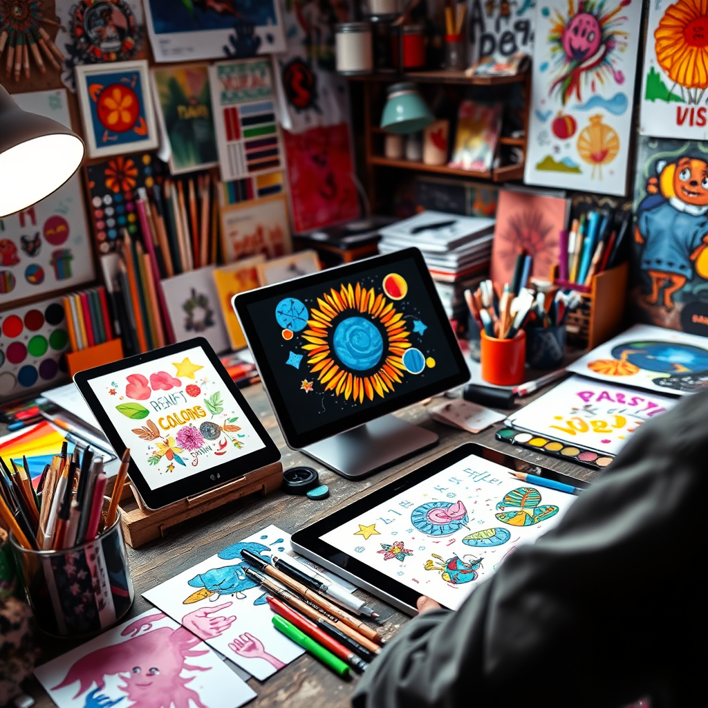 A vibrant workspace filled with colorful designs and graphics being crafted on a tablet or computer screen. The atmosphere is artistic, with paints, sketches, and digital tools scattered around, showcasing the creative process. The lighting is bright and artistic, enhancing color vibrancy. This image represents the art of graphic design for lead magnets.