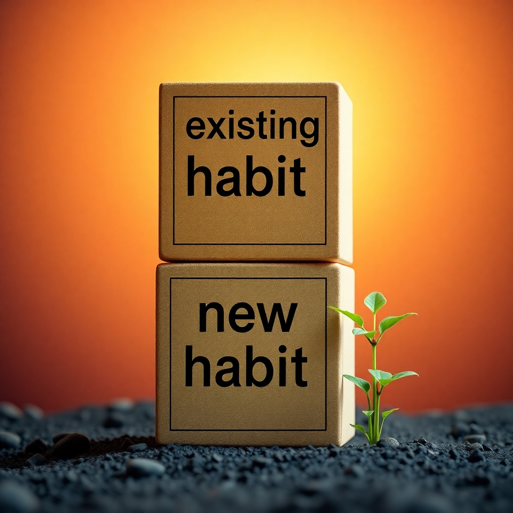 A visual representation of two building blocks labeled 'existing habit' and 'new habit' being stacked on top of each other, with a bright background symbolizing growth and improvement. A plant growing near the blocks symbolizes the nourishment of positive change.