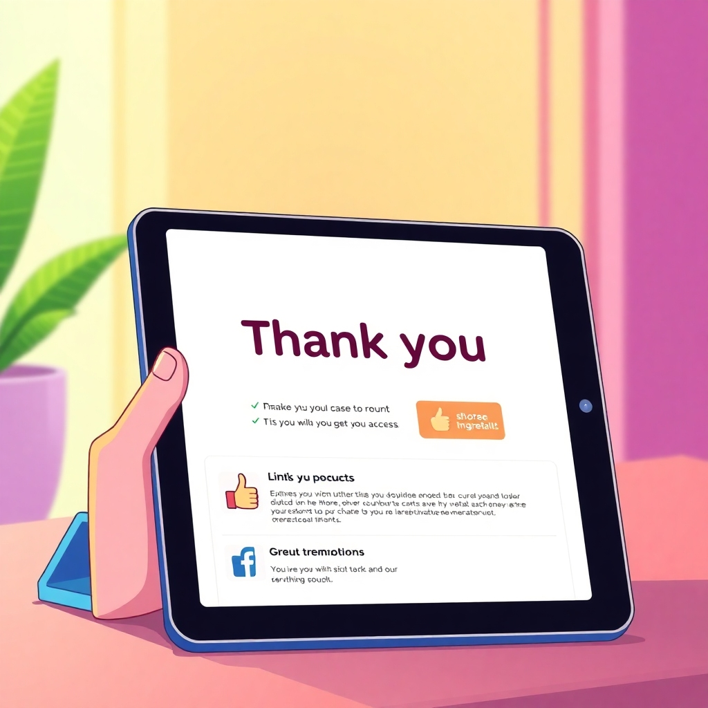 An illustration showcasing a thank you page on a tablet, with links to social media icons and additional product recommendations. The design should be inviting with a playful color palette and eye-catching graphics like thumbs-up and share icons.