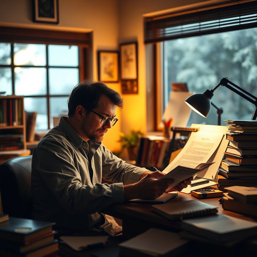 An image depicting a writer deeply engaged in crafting compelling copy, surrounded by inspiration materials such as books and notes. The workspace is cozy and well-lit, with warm tones reflecting creativity. This visual conveys the importance of copywriting in creating lead magnets.